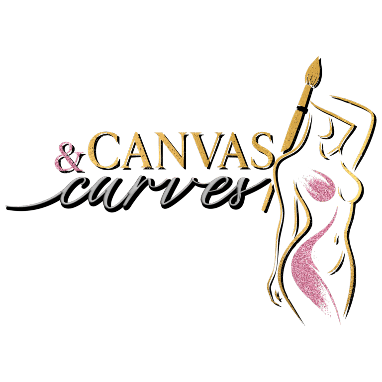 Canvas & Curves logo featuring gold silhouette of a woman with pink glitter accents holding a paintbrush