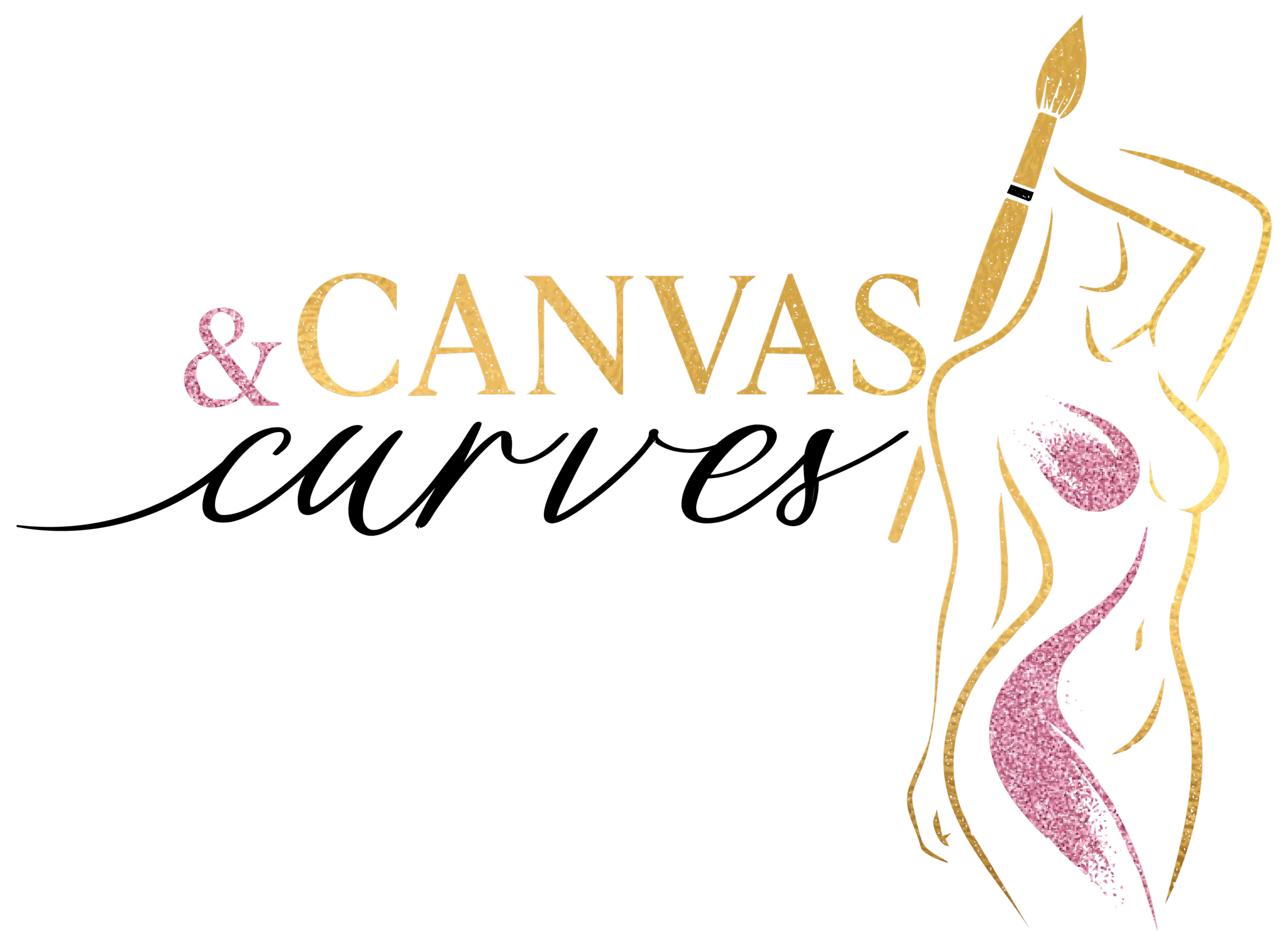 Canvas & Curves logo – gold silhouette of a woman holding a paintbrush with pink glitter accents, event branding for exclusive body painting experience in Punta Gorda, Florida