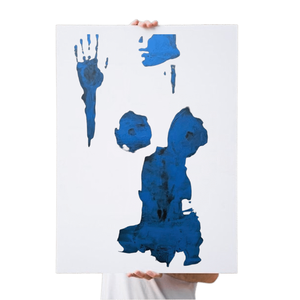 Blue acrylic body print artwork on white canvas from Canvas & Curves body painting event in Punta Gorda, Florida