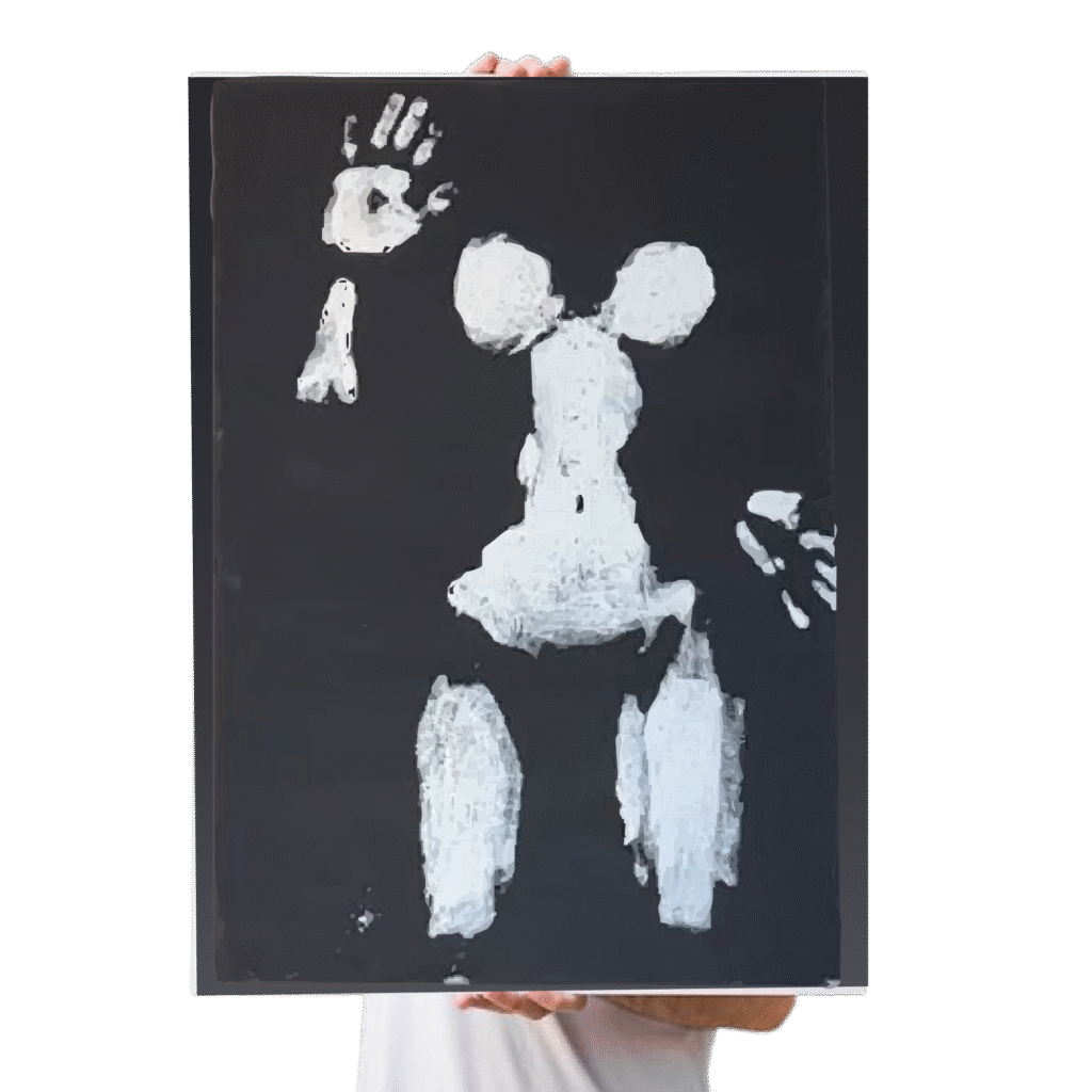 White acrylic body art on black canvas featuring full-body print from Canvas & Curves event